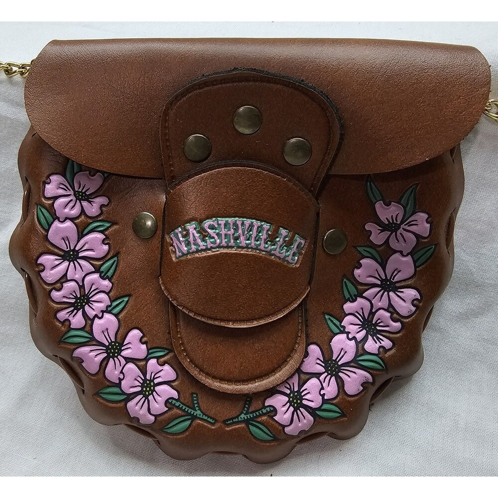Vintage Nashville Faux Leather Purse with Stamped Floral Design and Chain Strap